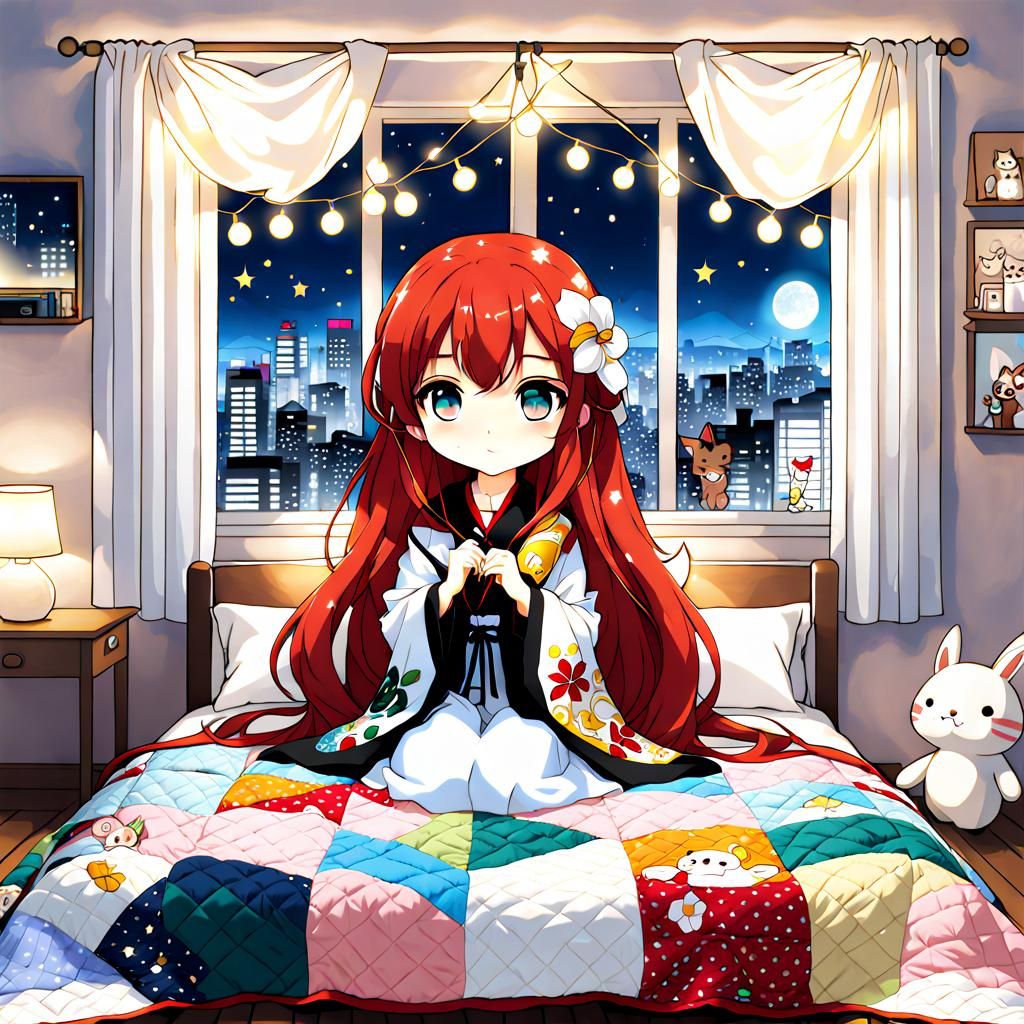 Anime Girl in Shibuya Bedroom with Chibi Quilt