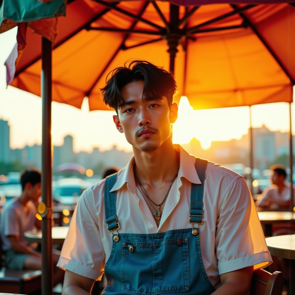 Masculine Korean Man Soaks Up Golden Hour at Neko Cafe