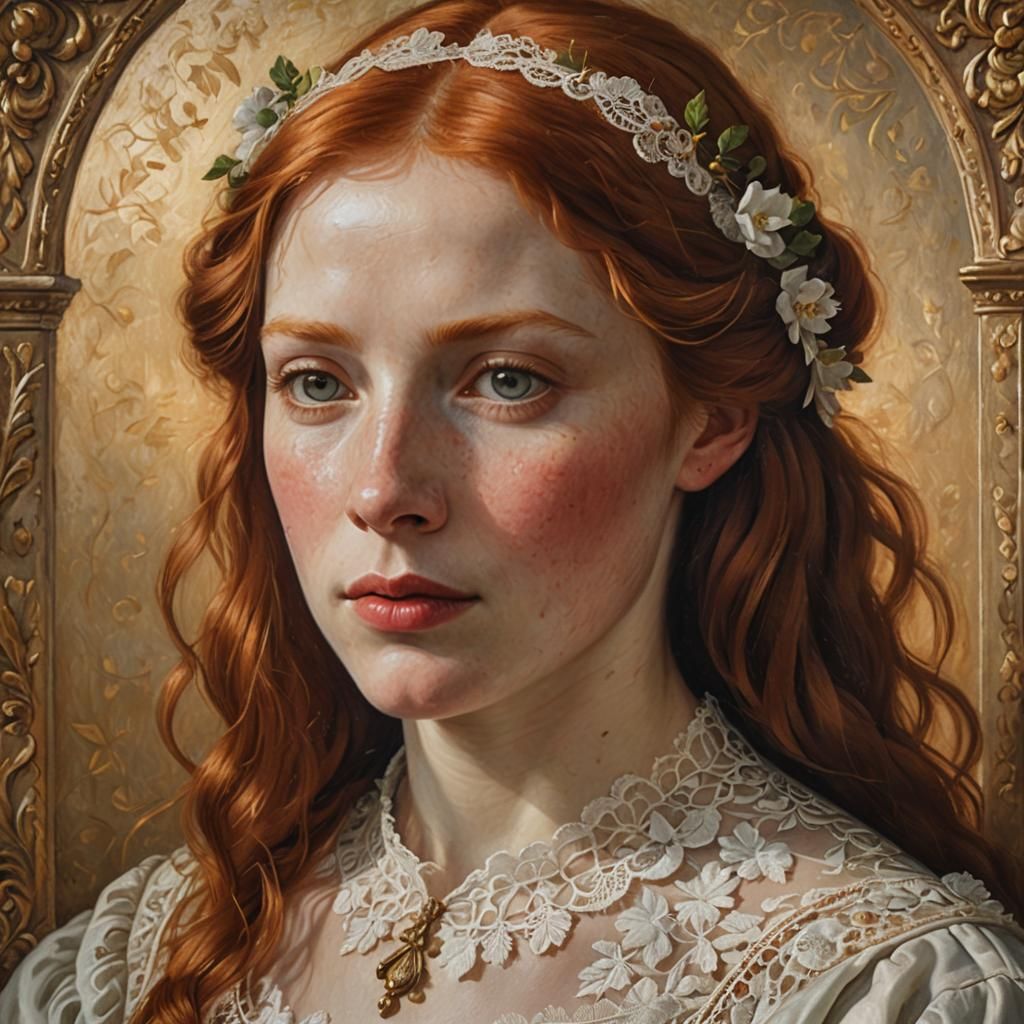 Radiant Red-Haired Woman in Golden Serenity