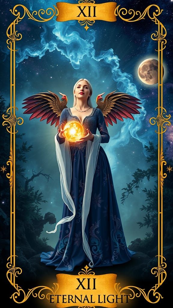 Mystical Tarot Card with Enchantress in Moonlit Forest