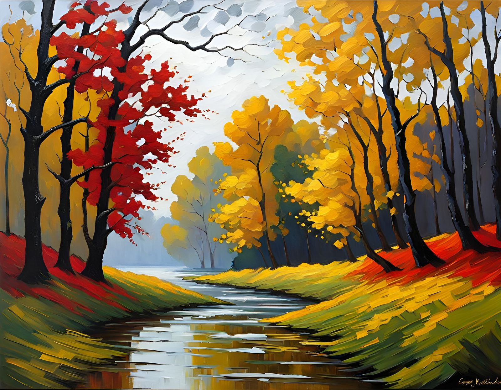 Trees by River in Expressionist Neo-Impressionism