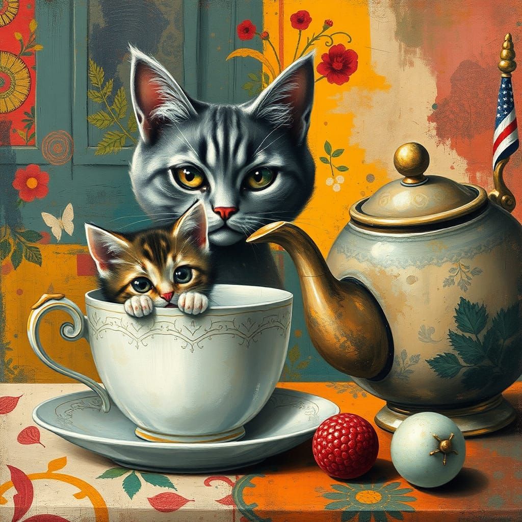 Cats in Teacups: A Whimsical Folk-Art Collage