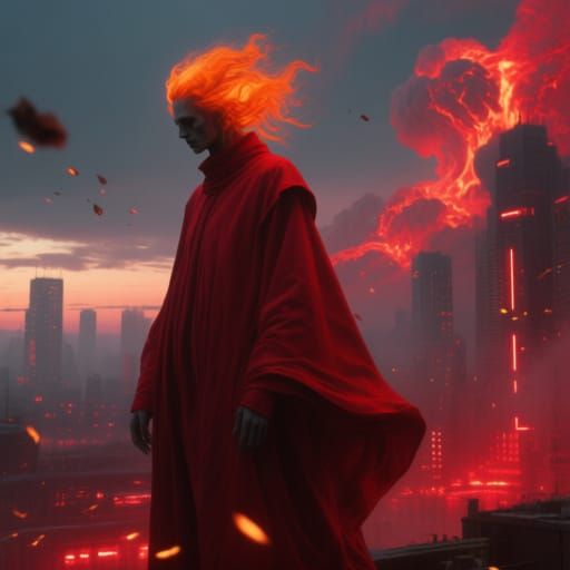 Figure in Red Amidst Glowing Dystopian Cityscape