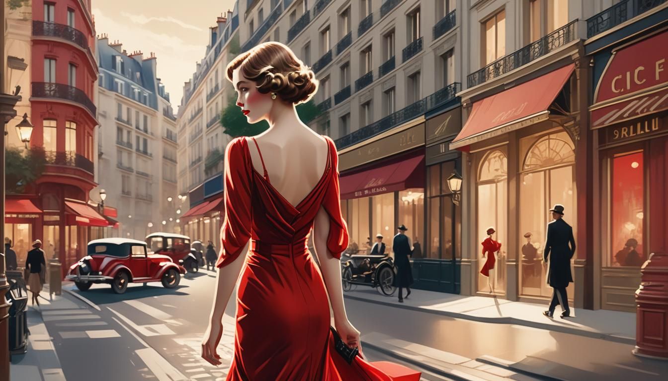 Art Deco Parisian Woman in Red Dress