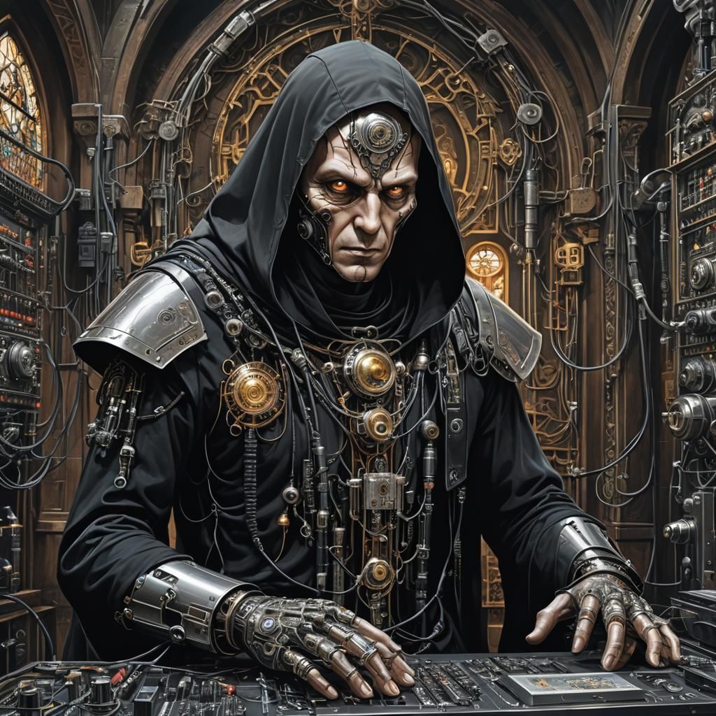Cyborg Monk in Chapel with Cybernetic Implants