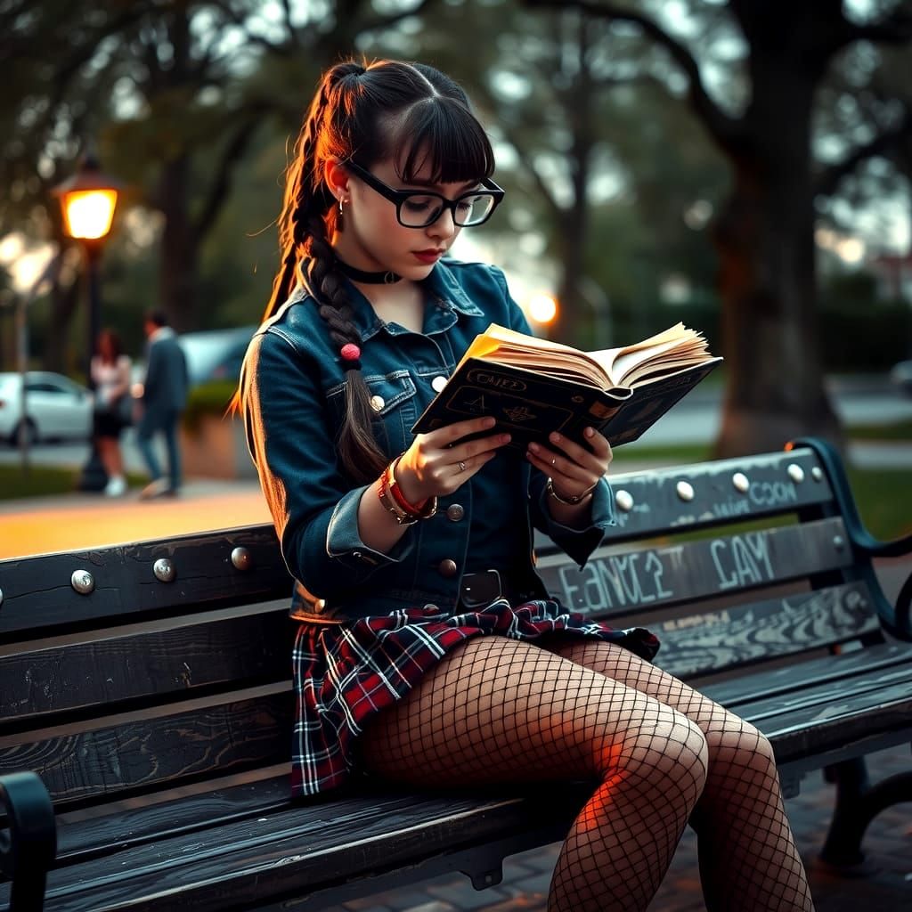 Grunge Girl Reads in Evening Park Light
