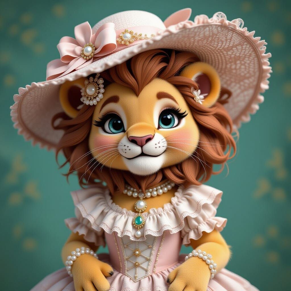 Extremely cute and elegant pastel fierce lion. Wearing vinta...