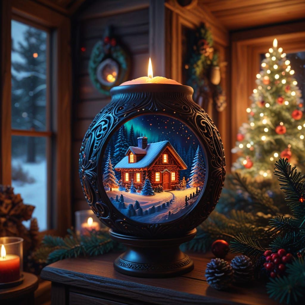 Hyperdetailed Christmas Candle in Cozy Cabin Setting