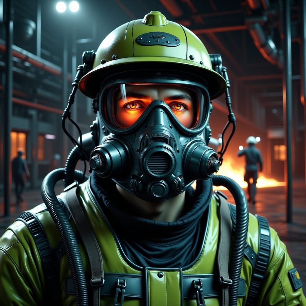 Cyberpunk Firefighter Securing Nuclear Site in Cinematic Hor...