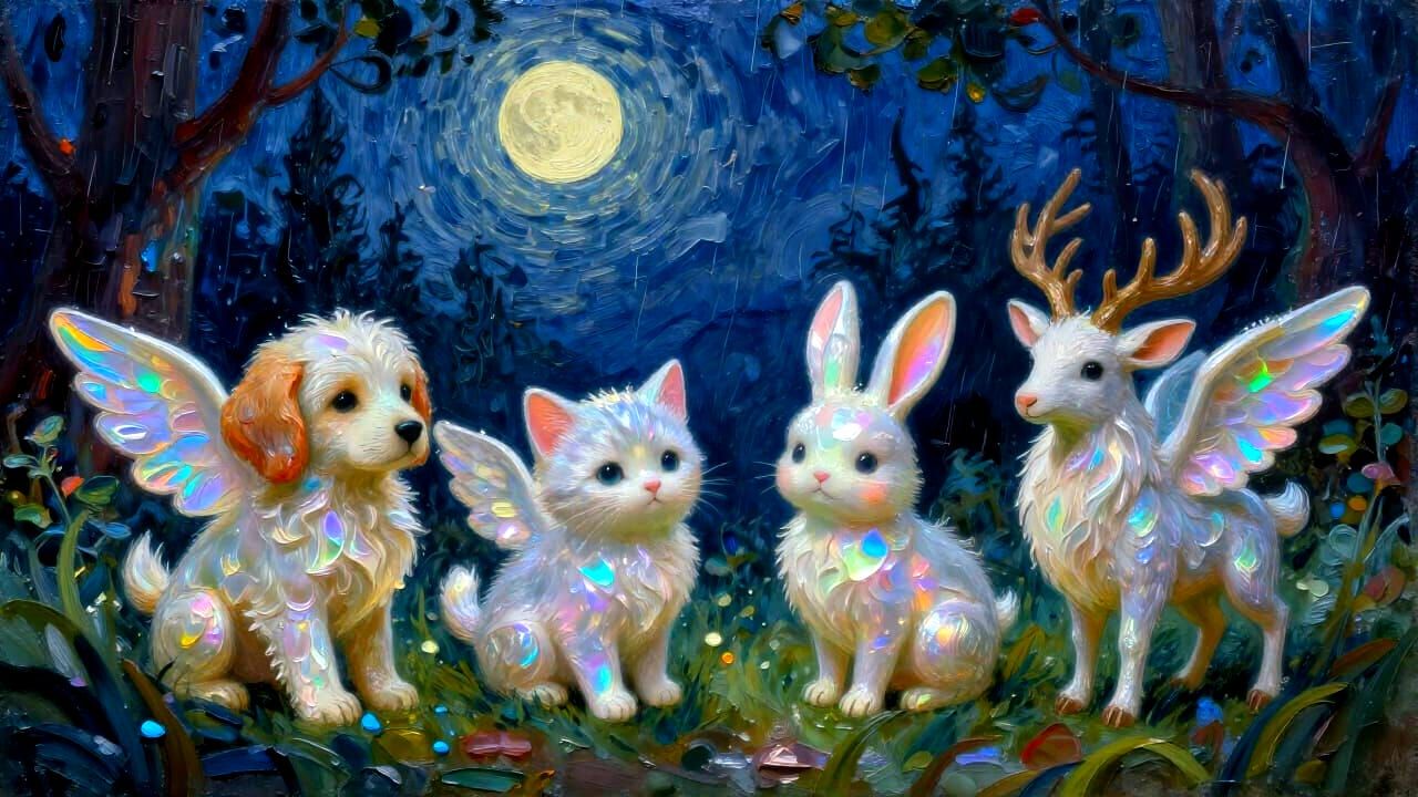 Four Winged Creatures in Textured Impasto Night Forest