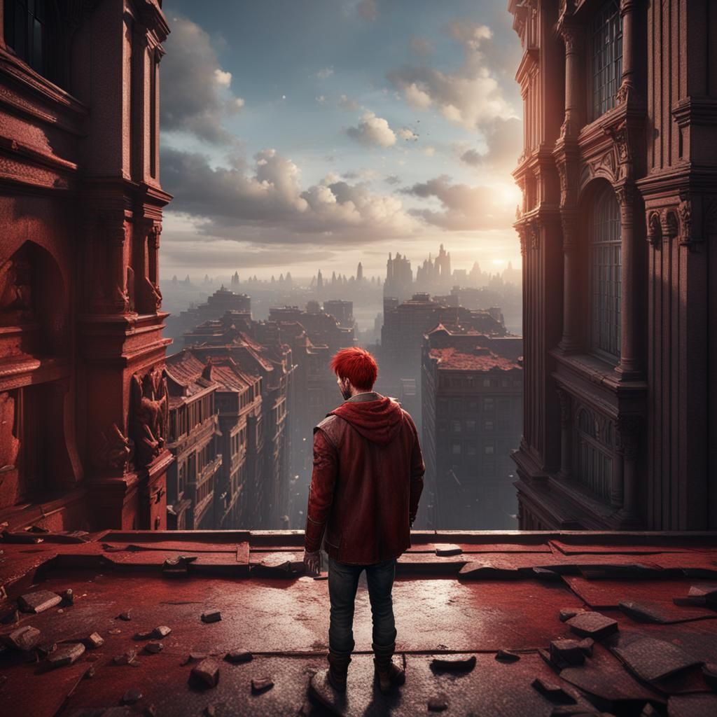 Man on Building Edge: Fantasy Concept Art