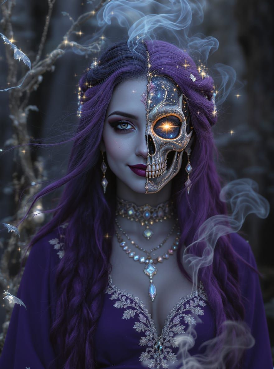 Celestial Woman: Duality of Beauty and Cosmic Skull