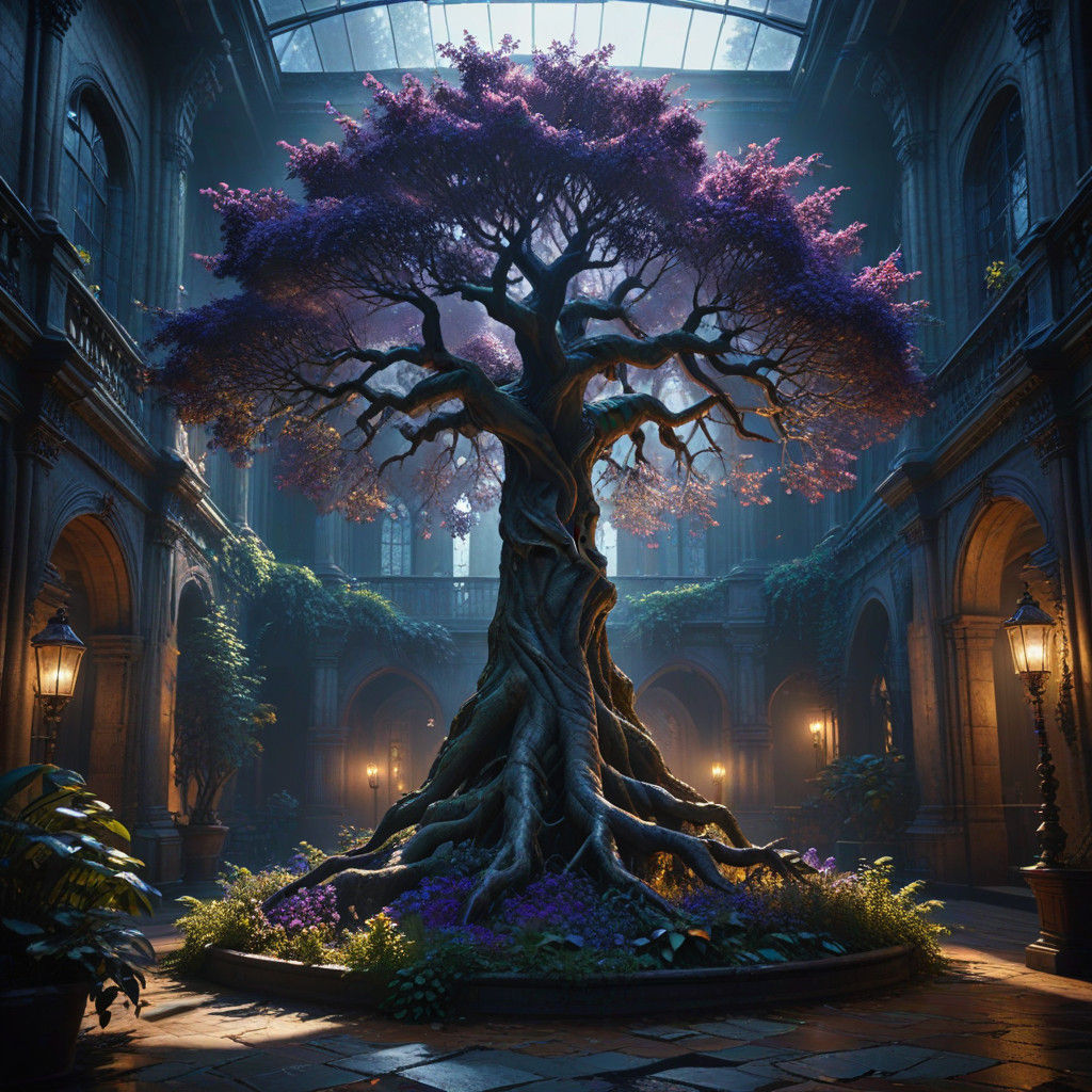 Cinematic Tree in Majestic Glass Courtyard