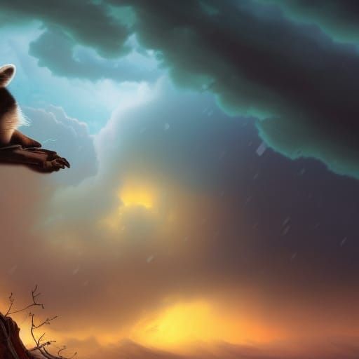 Raccoon Floating in Storm Clouds: Fantasy Concept Art