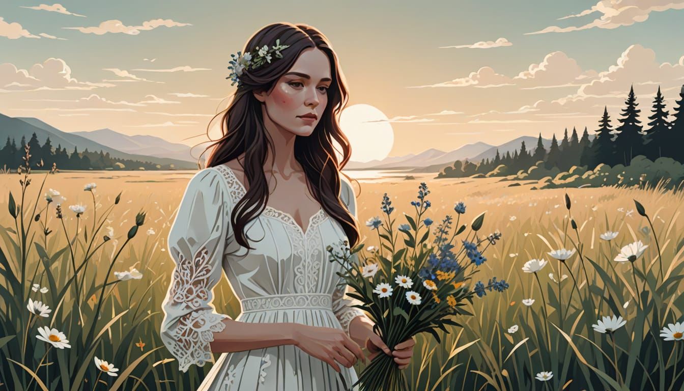 Woman in Lace with Wildflowers, Paper Cutout Style