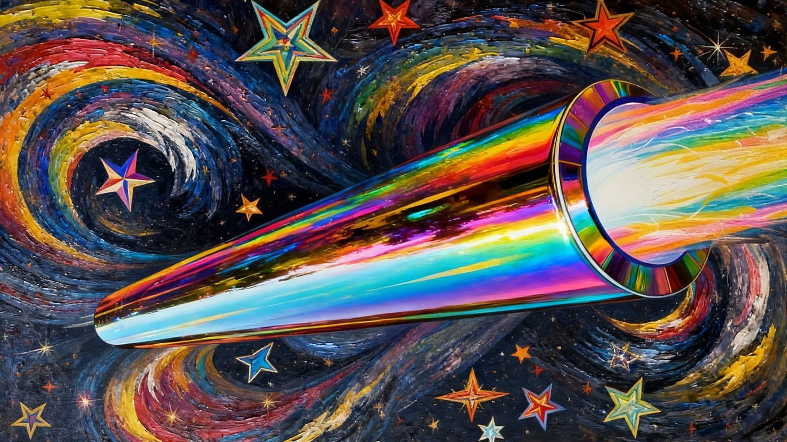 Sleek Rainbow Cylinder with Fiery Exhaust in Vortex Backgrou...