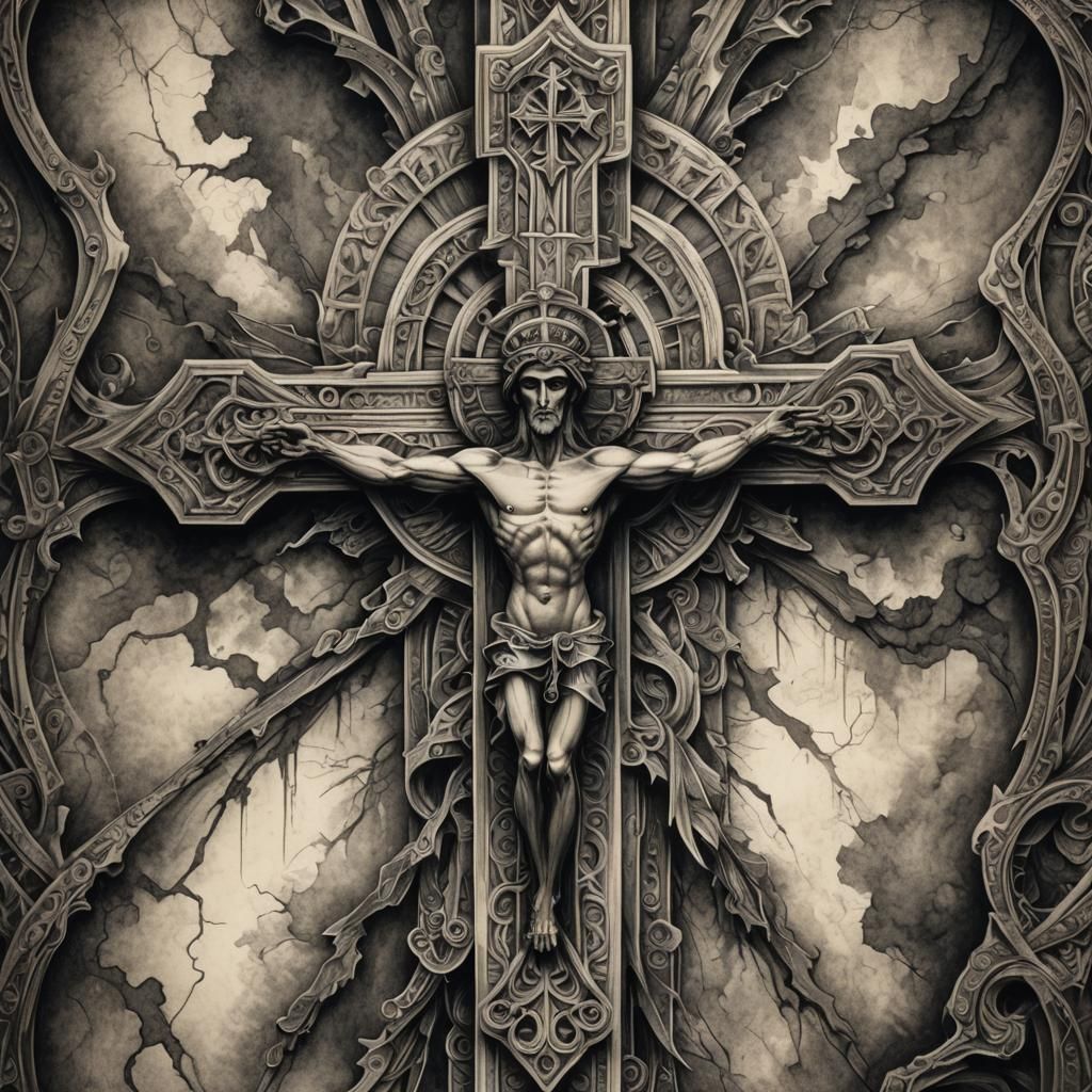 Stylized Cross: Hyperdetailed Charcoal Drawing
