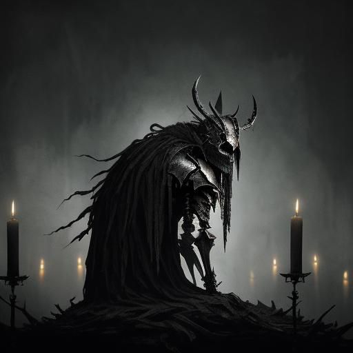 Skeleton Knight on Throne in Gothic Oil Painting Style