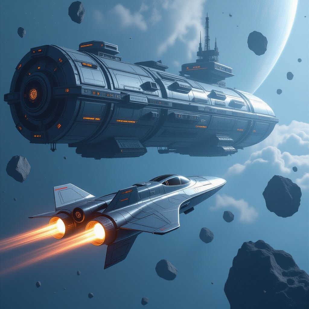 Spaceship Approaches Space Station in Futuristic Style