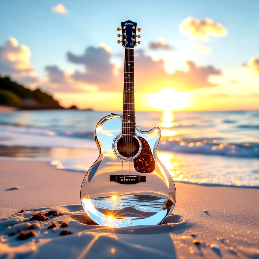 Crystal Guitar Reflecting Scenic Seascape
