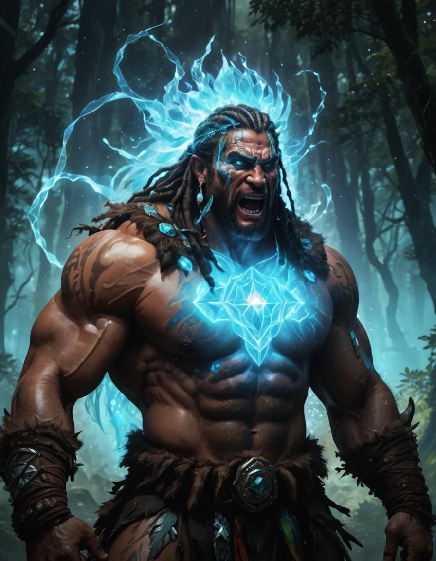 Kyor, Wild Magic Barbarian, evoking the powers of the Wylde