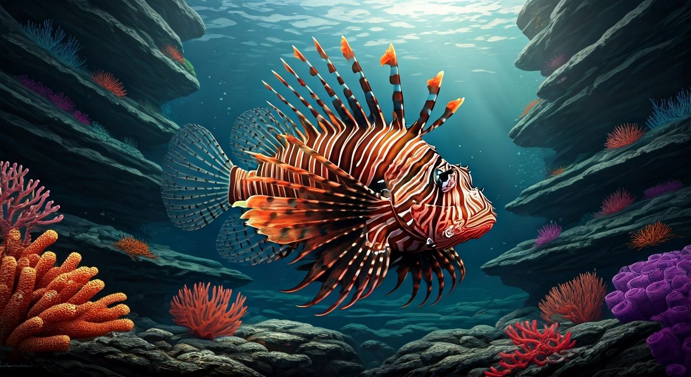 Bioluminescent Lionfish in Fantasy Coral Reef