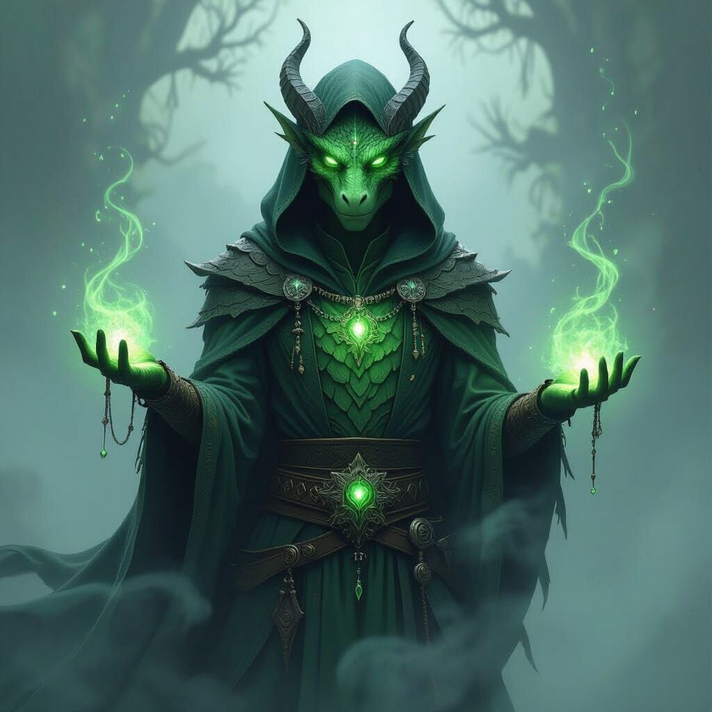 Ethereal Green Dragonborn Warlock in Misty Fantasy