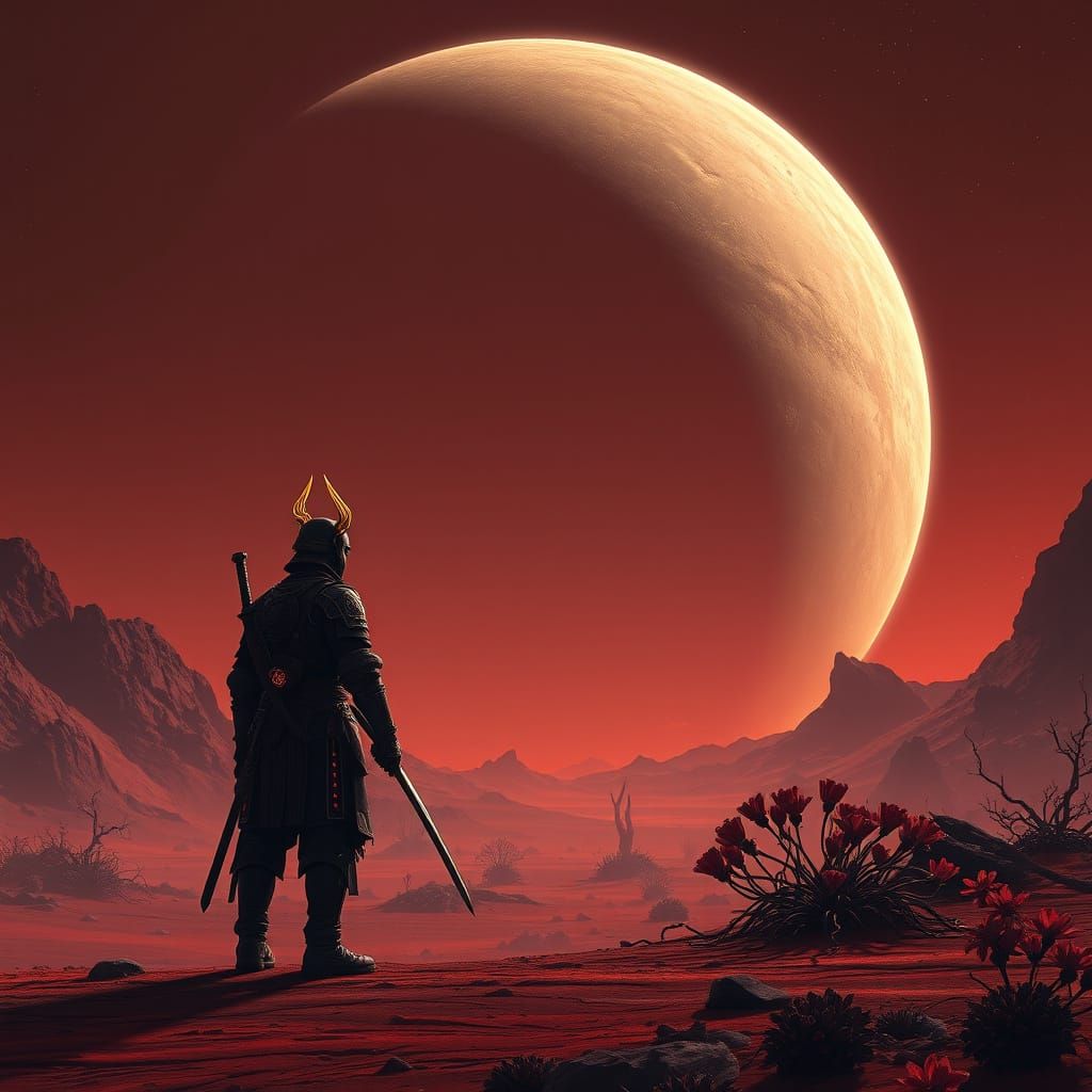 Cyberpunk Samurai on Barren Alien World, Gazing Up at Ringed...