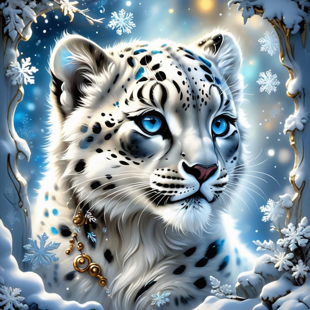 Snow Leopard Cub Catches Snowflake: Dreamy Art