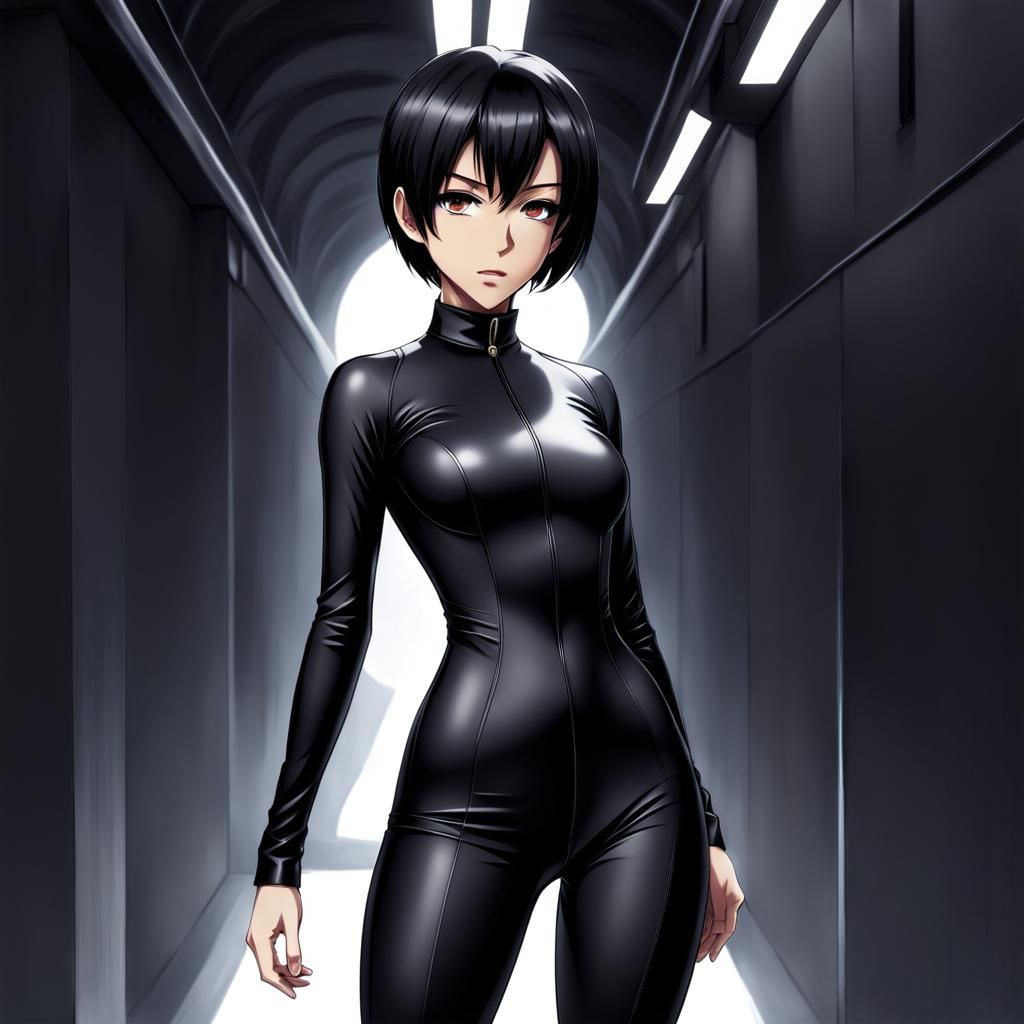Anime Woman in Black Suit Hiding
