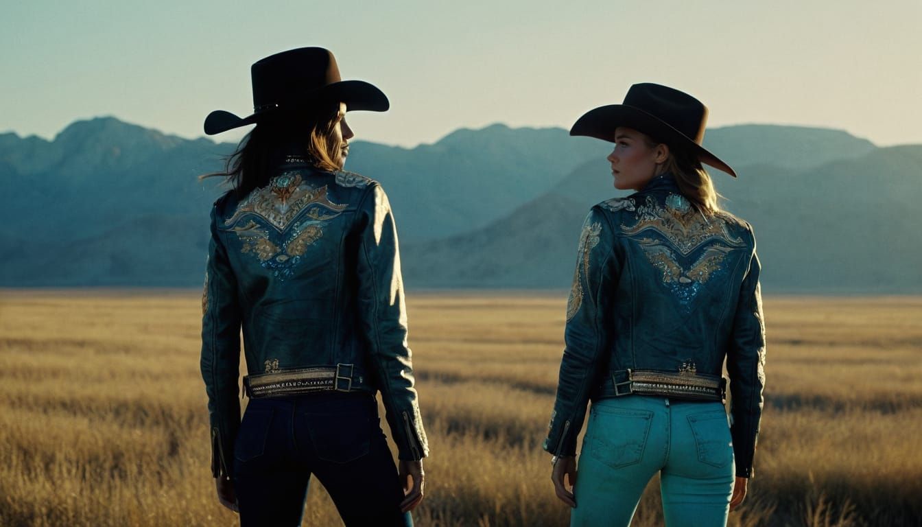 Stylish Cowgirls in Golden Hour Landscape