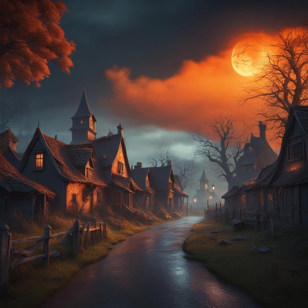 Haunted Village with Ghosts in Twilight