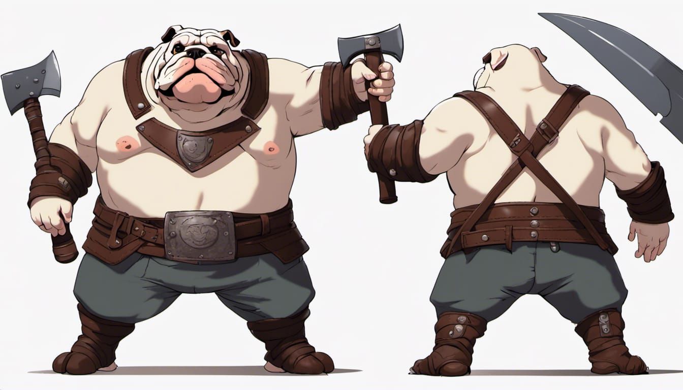 Bulldog Man with Axe and Armor in Ghibli Style