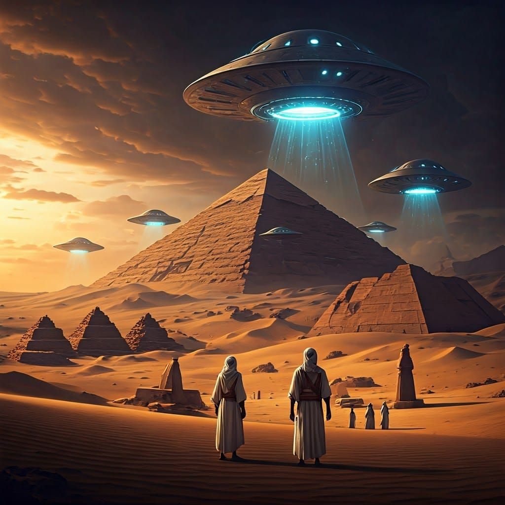 UFOs Build Egyptian Pyramids in Retro Sci-Fi Style
