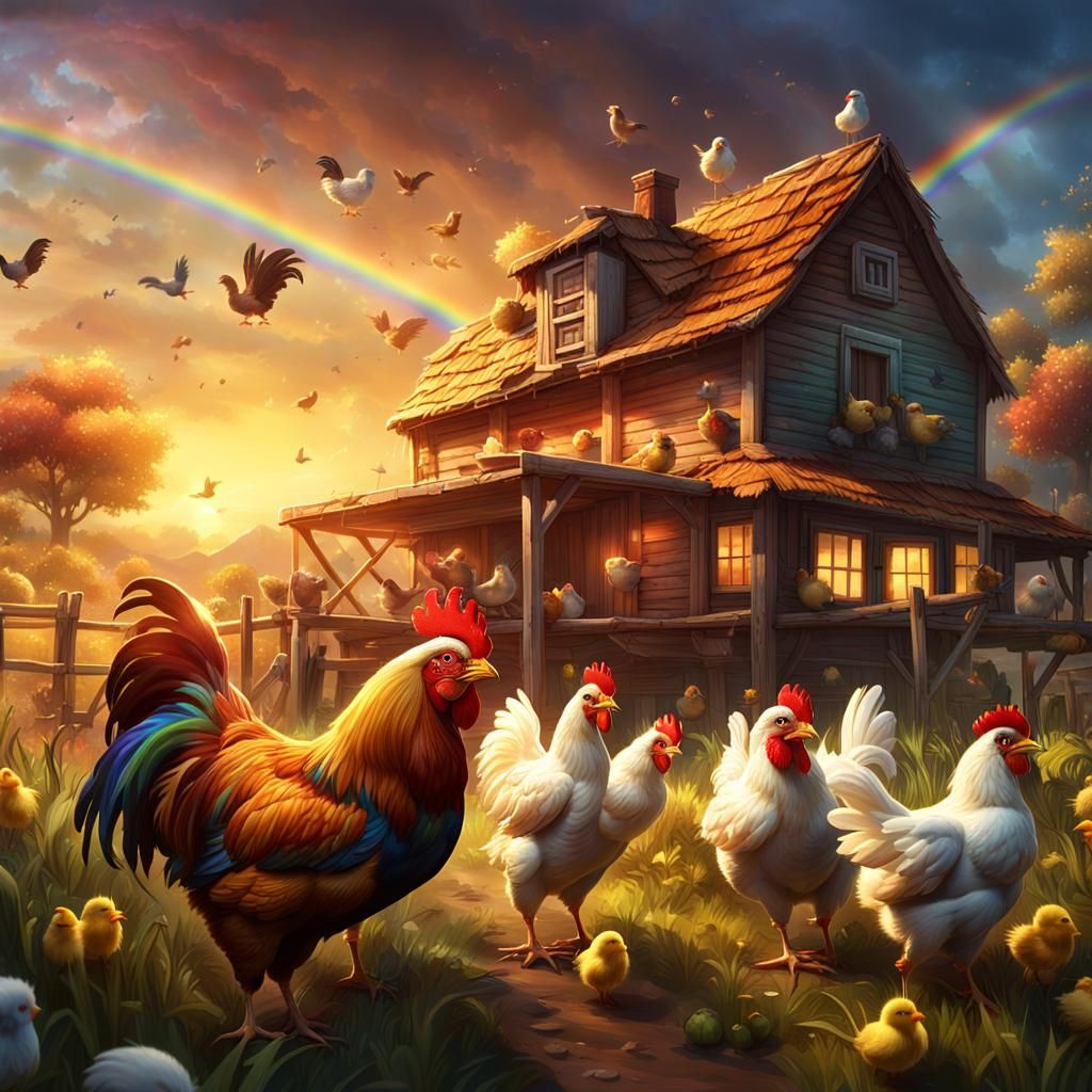 Farm Scene with Hen, Chicks and Rooster
