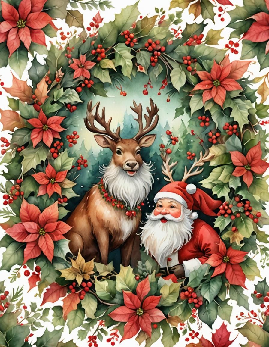 Festive Watercolor Santa and Reindeer in Floral Wreath