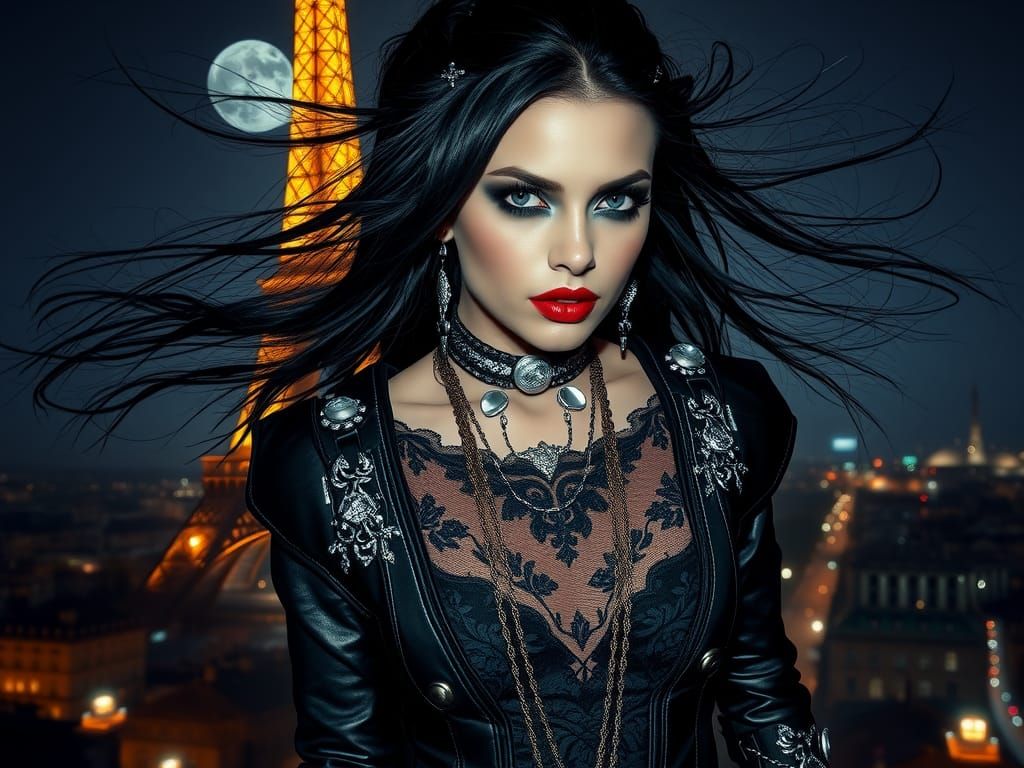 Gothicpunk Woman on Eiffel Tower in Ash Thorp Style