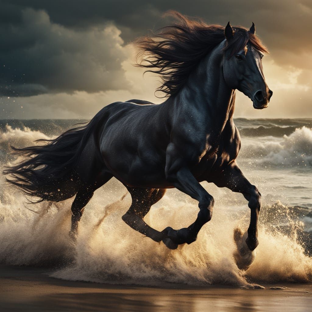 Black Stallion Galloping on Beach at Golden Hour