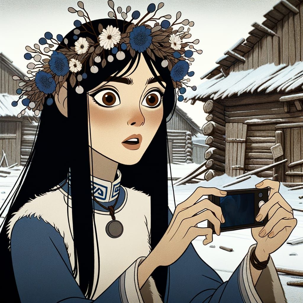 Woman in Vintage Animation Style with Winter Flowers