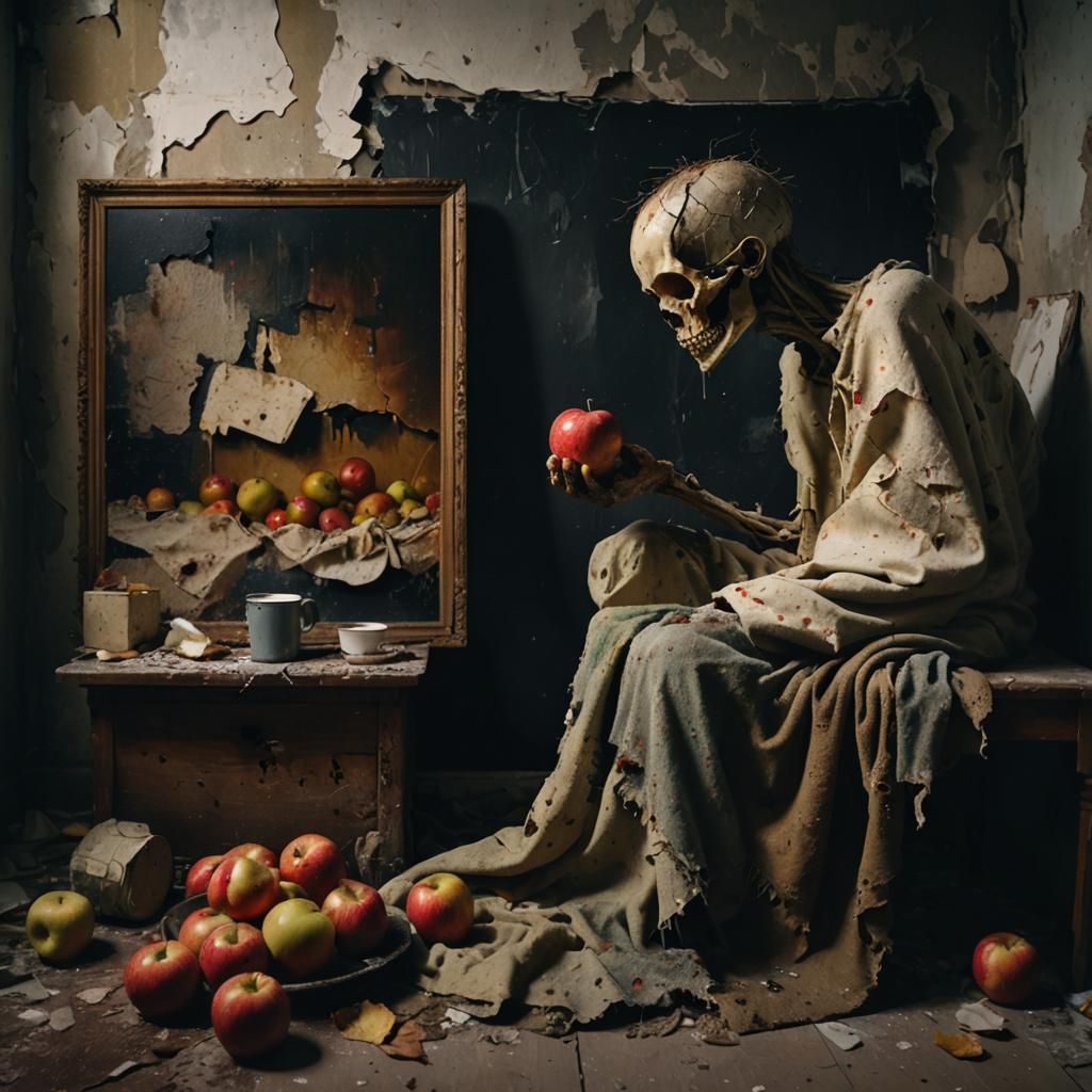 Gloomy Still Life: Apple and Old Blanket