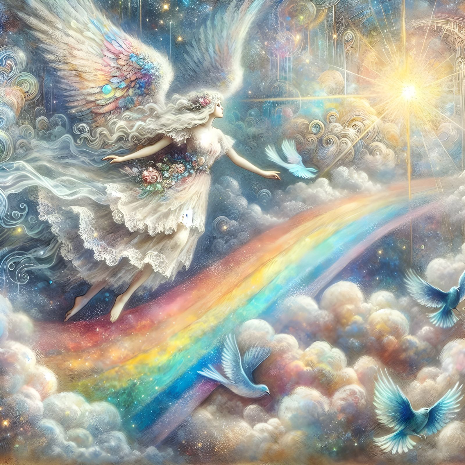 Dreamy Angel Soaring Over Rainbow in Chalk Paint Style