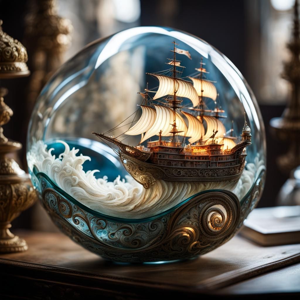 Ornate Crystal Seashell with Pirate Ship, Fantasy Art