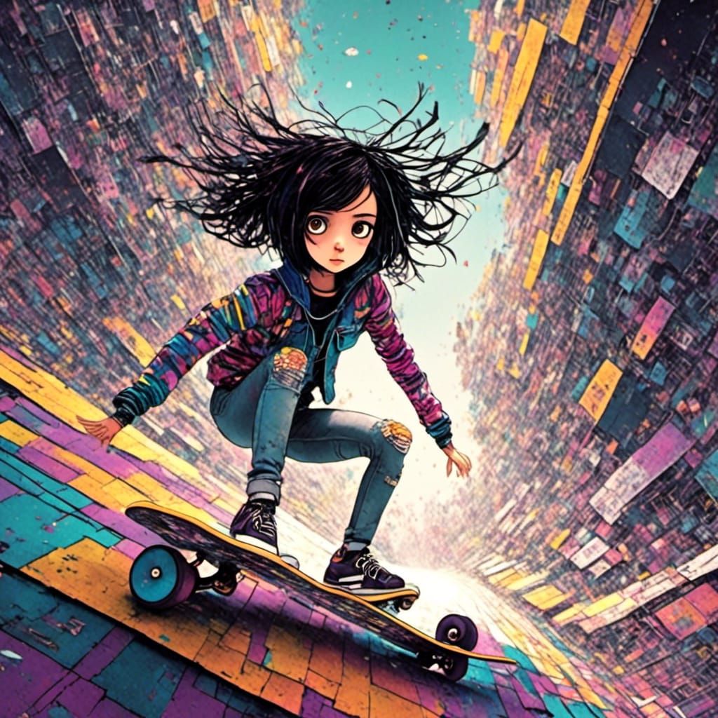 Alita Skateboarding in Spaceship: Vibrant 3D Anime