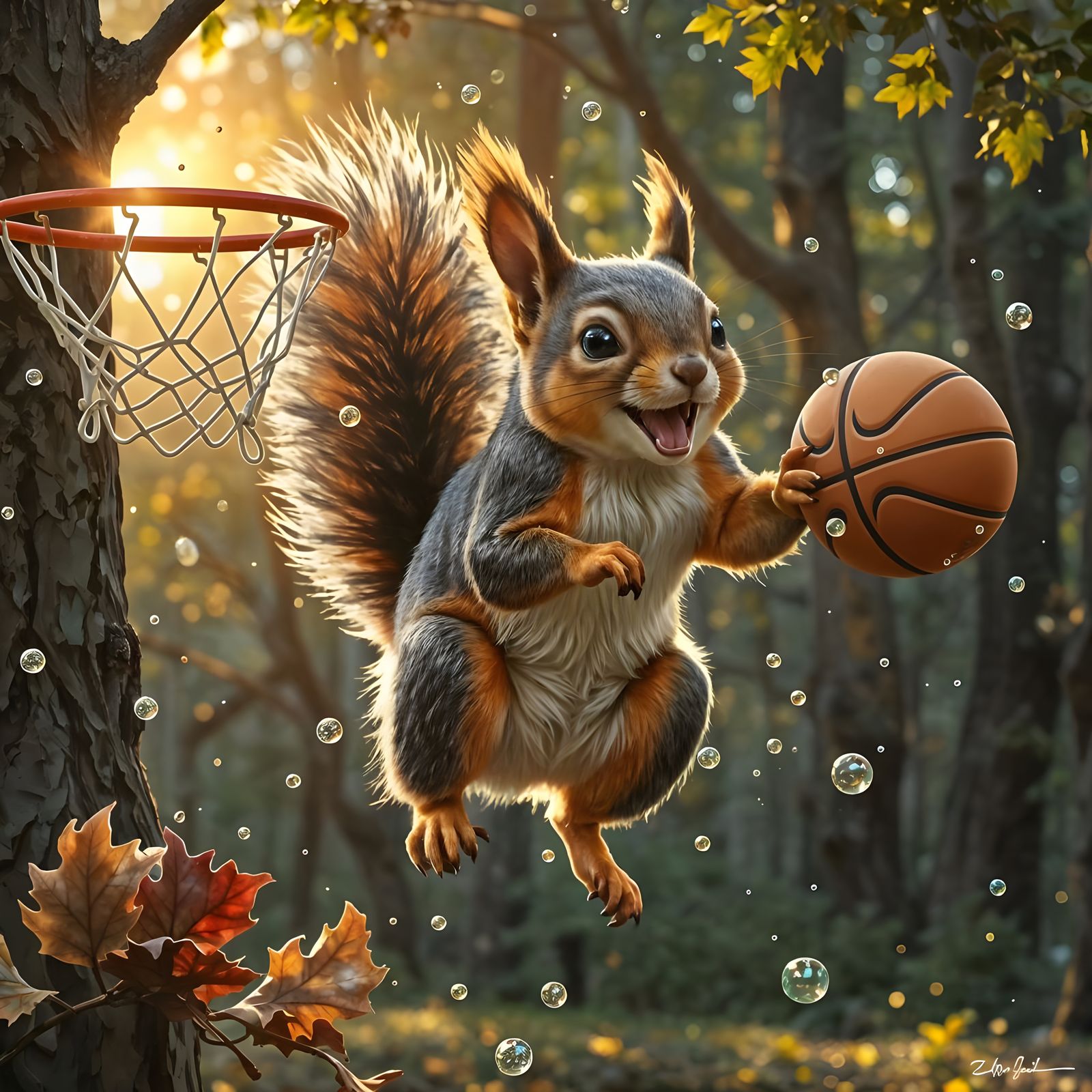 Squirrel Dunks Basketball in Forest, Expressive Digital Art