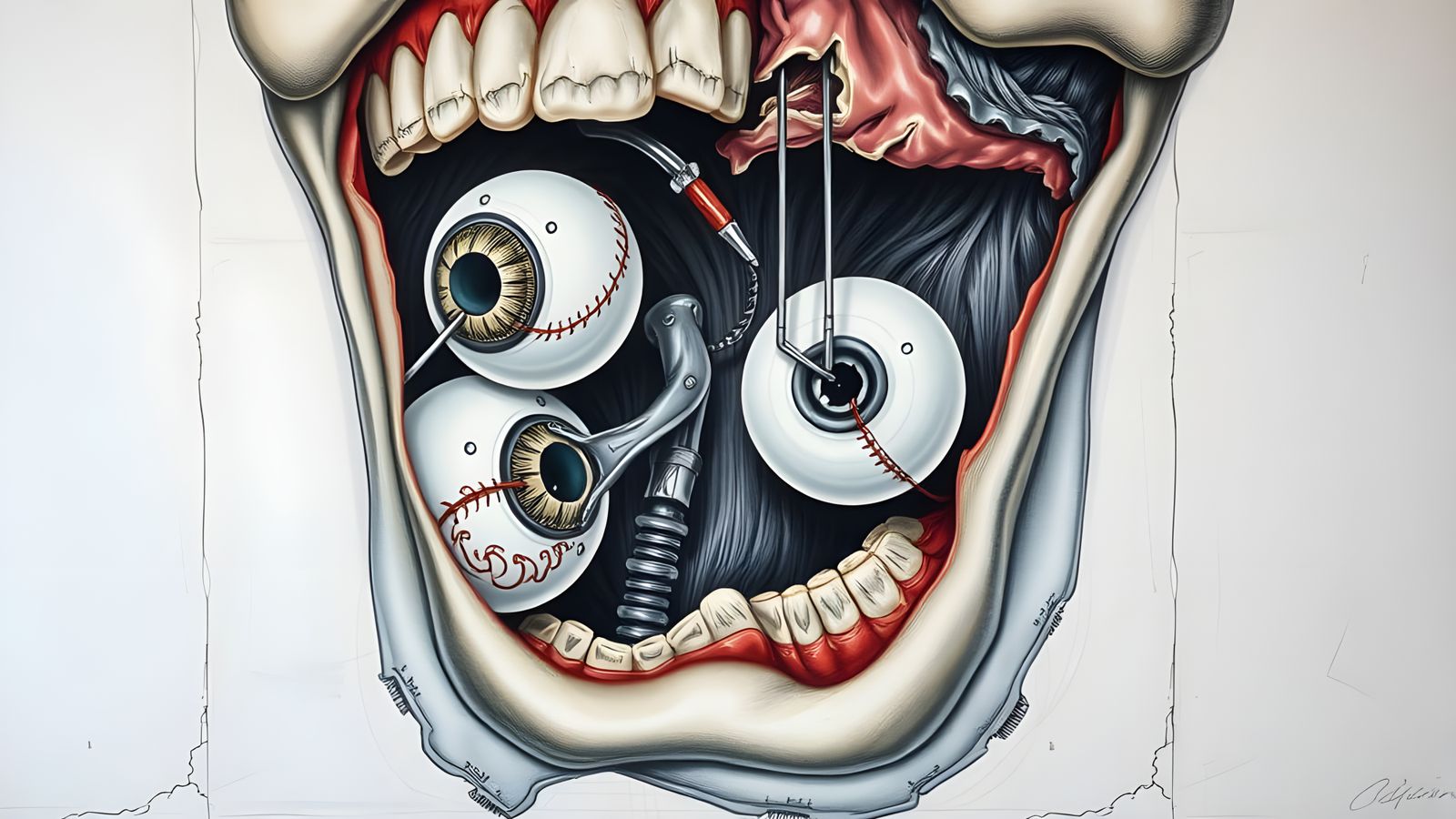 Surgical Anatomic Drawing of Mouth and Eyeballs as Abstract...