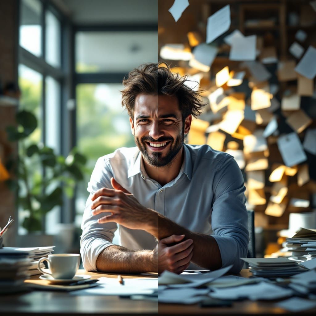 Split Scene: Office Calm vs. Work Chaos