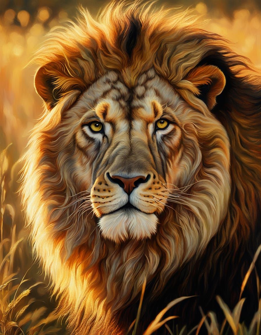 Regal Lion in Golden Hour, Rembrandt-Style Oil Painting