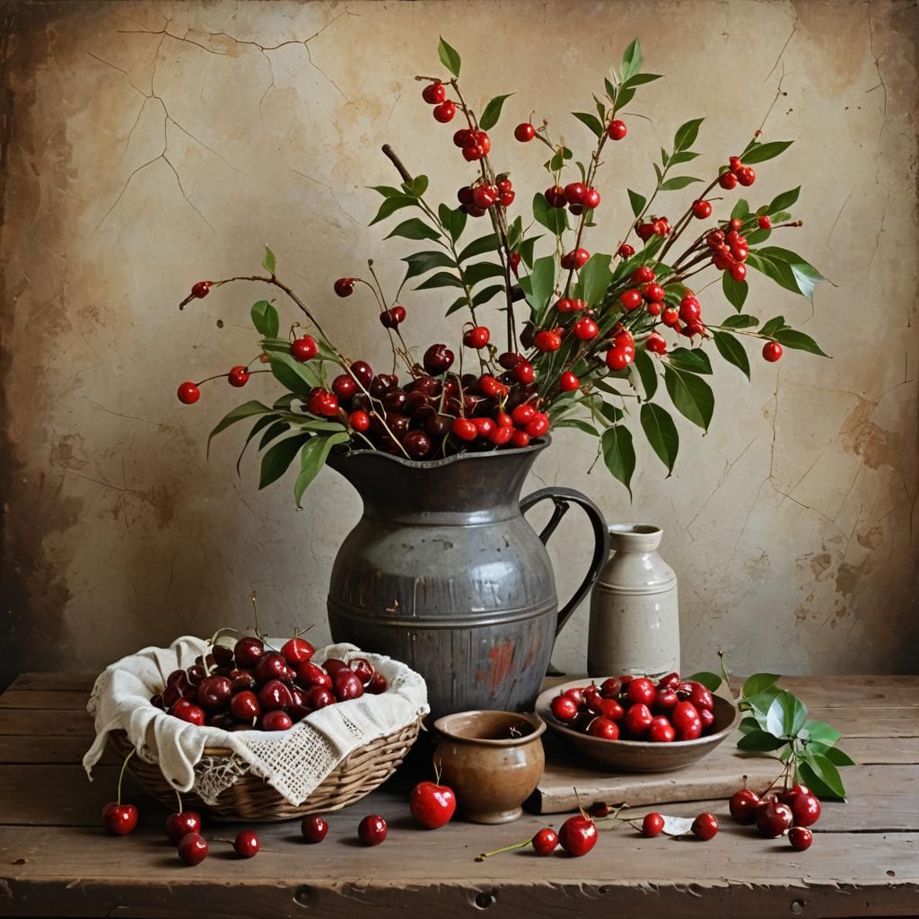 Rustic Still Life with Cherries: Matte Painting