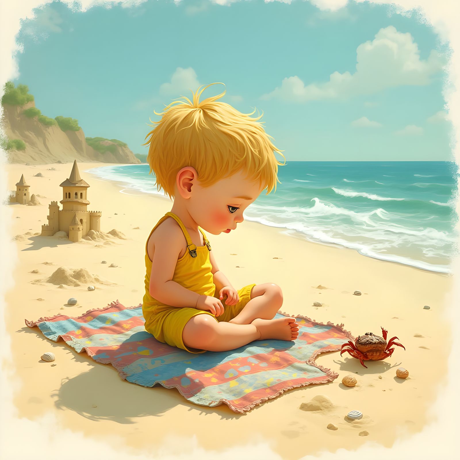 Little Boy Enjoys Whimsical Beach Scene in Storybook Style