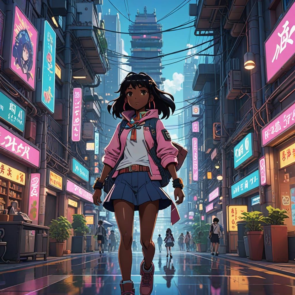 Dark Skinned Aztec Warrior Girl in Futuristic Cyberpunk City